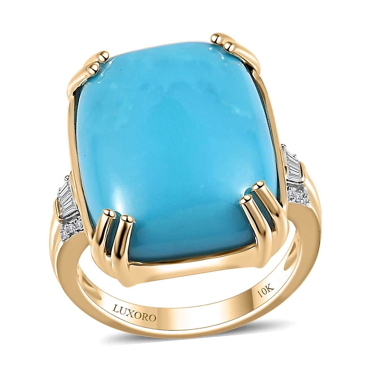 Luxoro 10K Yellow Gold Premium Sleeping Beauty Turquoise and G-H I2 Diamond Ring 4.65 Grams 14.85 ctw