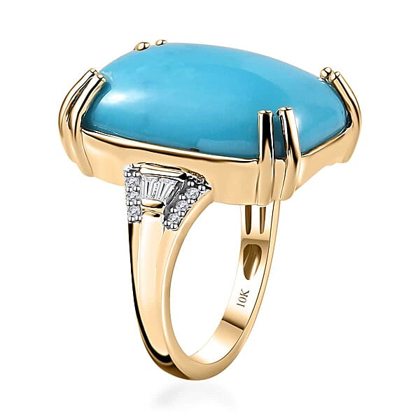 Luxoro 10K Yellow Gold Premium Sleeping Beauty Turquoise And G-H I2 Diamond Ring 4.65 Grams 14.85 Ctw