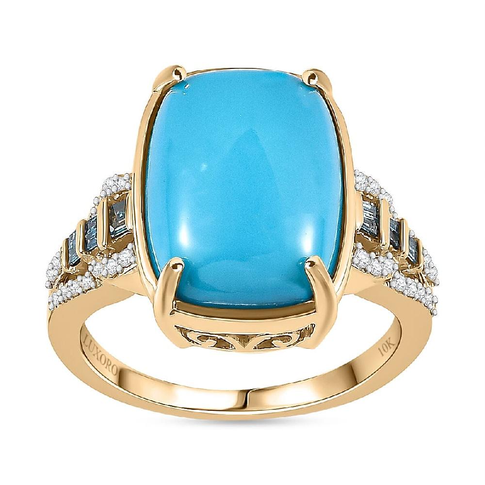 Luxoro 10K Yellow Gold Premium Sleeping Beauty Turquoise G-H I2 Blue and White Diamond Ring 4.25 Grams 5.50 ctw