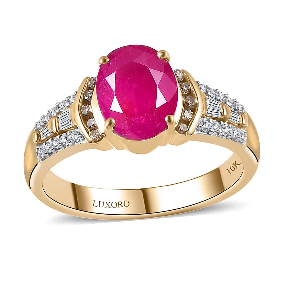 Luxoro 10K Yellow Gold Premium Taveta Ruby Natural Champagne and White Diamond Ring 2.85 ctw