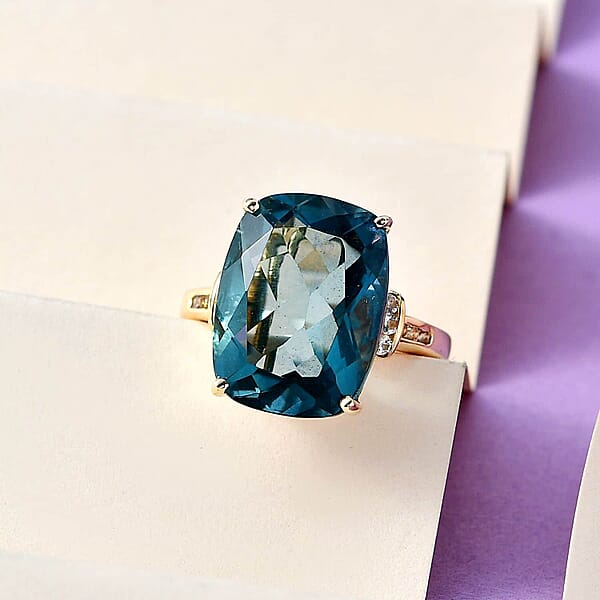 Luxoro 10K Yellow Gold Premium Teal Fluorite (IR) White Sapphire Ring 12.35 Ctw