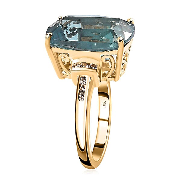 Luxoro 10K Yellow Gold Premium Teal Fluorite (IR) White Sapphire Ring 12.35 Ctw