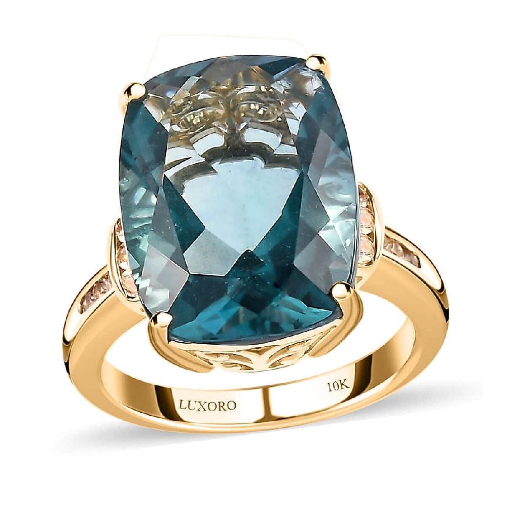 Luxoro 10K Yellow Gold Premium Teal Fluorite (IR) White Sapphire Ring 12.35 ctw