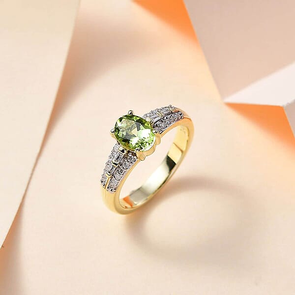 Luxoro 14K Green Gold AAA Natural Calabar Green Tourmaline And G-H I2 Diamond Ring 4.50 Grams 1.15 Ctw