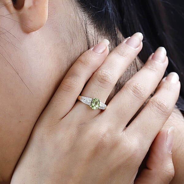 Luxoro 14K Green Gold AAA Natural Calabar Green Tourmaline And G-H I2 Diamond Ring 4.50 Grams 1.15 Ctw