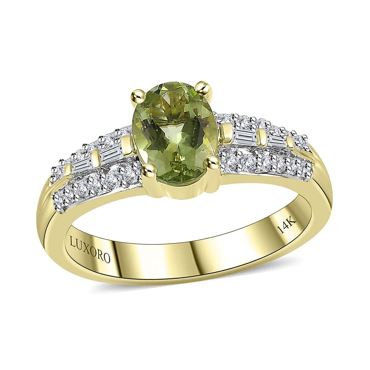 Luxoro 14K Green Gold AAA Natural Calabar Green Tourmaline and G-H I2 Diamond Ring 4.50 Grams 1.15 ctw