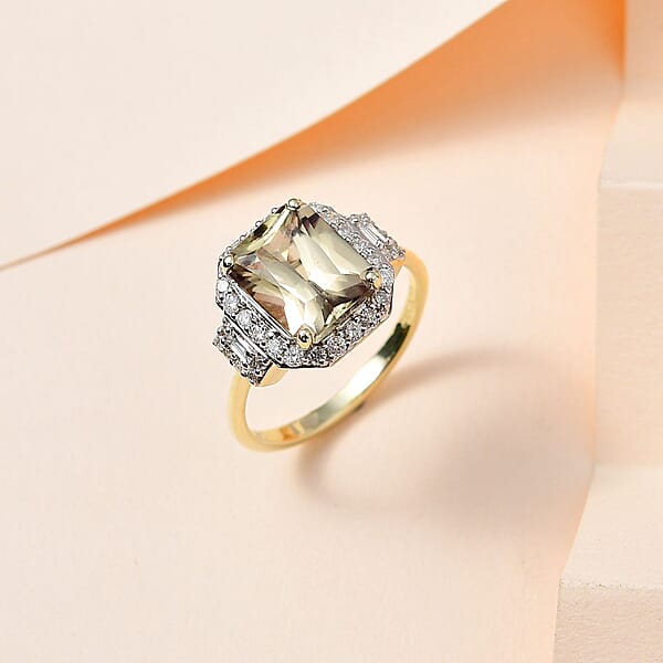 Luxoro 14K Green Gold Radiant Cut AAA Turkizite And G-H I2 Diamond Ring 5.10 Grams 2.65 Ctw