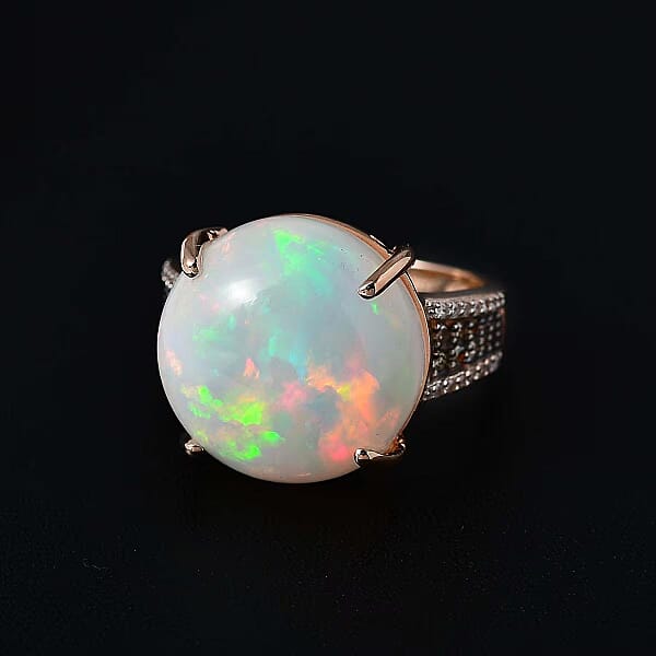 Luxoro 14K Rose Gold AAA Ethiopian Welo Opal I3 Natural Champagne And White Diamond Ring 4.50 Grams 10.25 Ctw