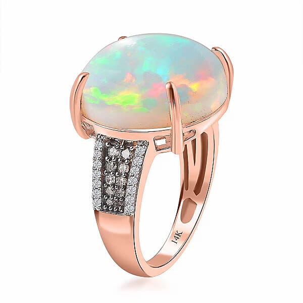 Luxoro 14K Rose Gold AAA Ethiopian Welo Opal I3 Natural Champagne And White Diamond Ring 4.50 Grams 10.25 Ctw