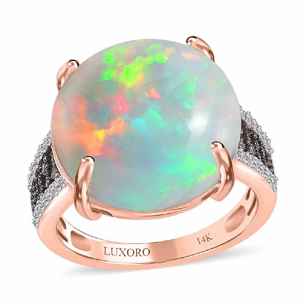 Luxoro 14K Rose Gold AAA Ethiopian Welo Opal I3 Natural Champagne and White Diamond Ring 4.50 Grams 10.25 ctw