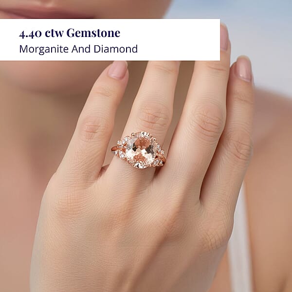 Luxoro 14K Rose Gold AAA Marropino Morganite And G-H I2 Diamond Ring 4.40 Ctw