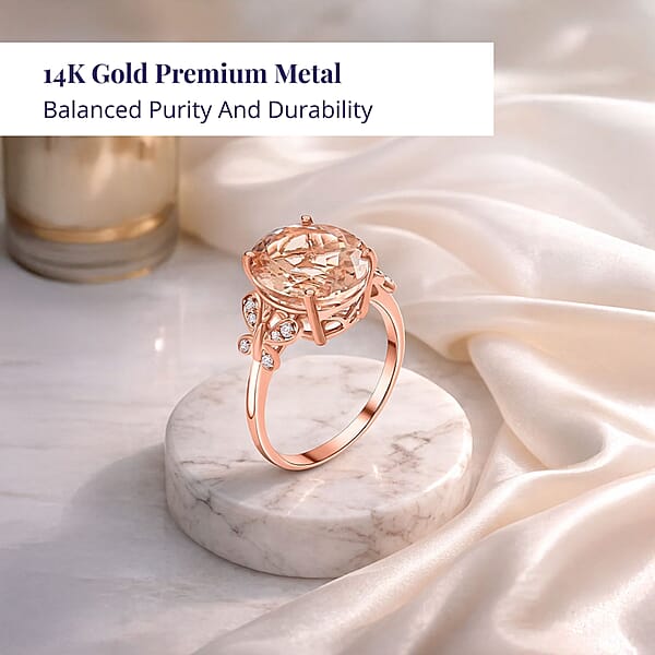 Luxoro 14K Rose Gold AAA Marropino Morganite And G-H I2 Diamond Ring 4.40 Ctw