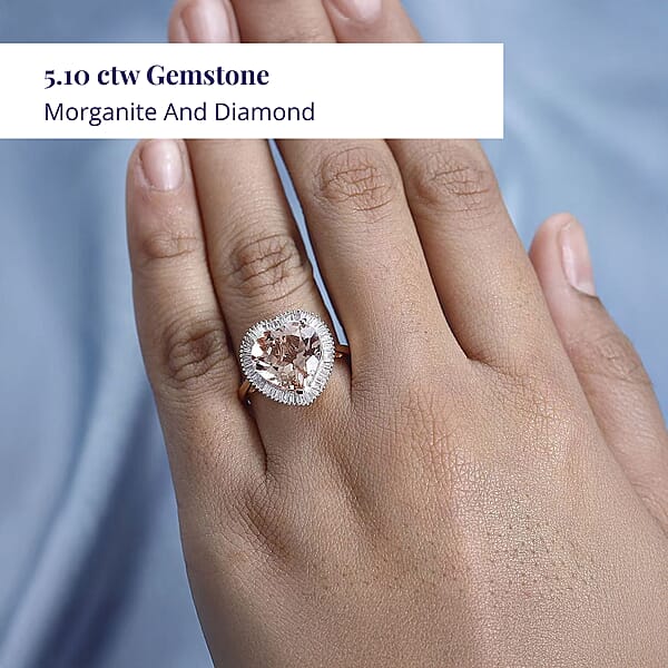 Luxoro 14K Rose Gold AAA Marropino Morganite And G-H I2 Diamond Heart Ring 4.50 Grams 5.10 Ctw