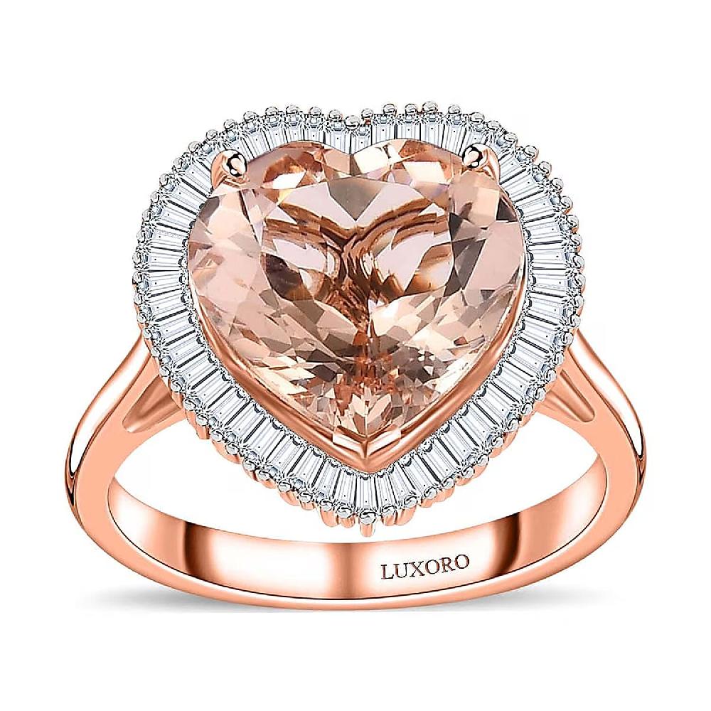 Luxoro 14K Rose Gold AAA Marropino Morganite and G-H I2 Diamond Heart Ring 4.50 Grams 5.10 ctw