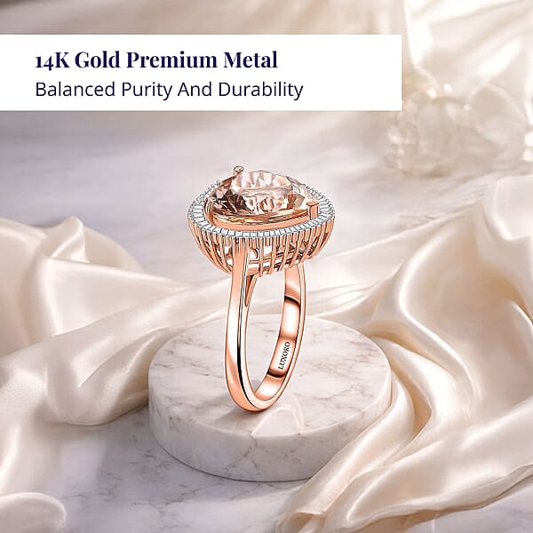 Luxoro 14K Rose Gold AAA Marropino Morganite And G-H I2 Diamond Heart Ring 4.50 Grams 5.10 Ctw