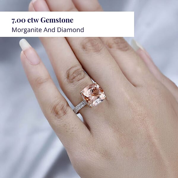 Luxoro 14K Rose Gold AAA Marropino Morganite And G-H I2 Diamond Ring 4.25 Grams 7.00 Ctw