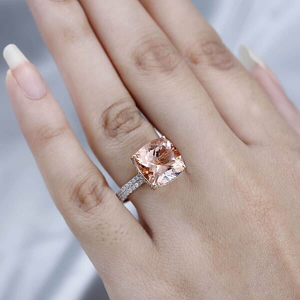 Luxoro 14K Rose Gold AAA Marropino Morganite And G-H I2 Diamond Ring 4.25 Grams 7.00 Ctw