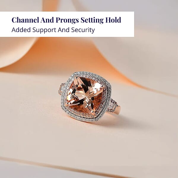 Luxoro 14K Rose Gold AAA Marropino Morganite Natural Pink And White Diamond I2-I3 Double Halo Ring 5.90 Grams 6.85 Ctw