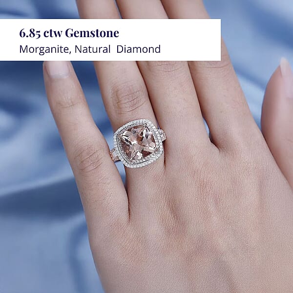 Luxoro 14K Rose Gold AAA Marropino Morganite Natural Pink And White Diamond I2-I3 Double Halo Ring 5.90 Grams 6.85 Ctw