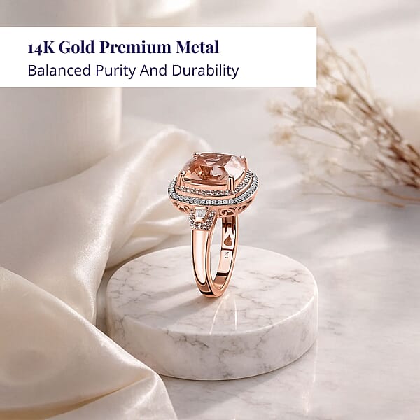Luxoro 14K Rose Gold AAA Marropino Morganite Natural Pink And White Diamond I2-I3 Double Halo Ring 5.90 Grams 6.85 Ctw