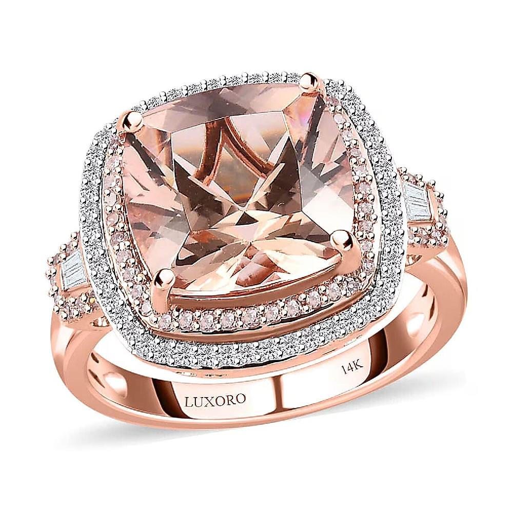 Luxoro 14K Rose Gold AAA Marropino Morganite Natural Pink and White Diamond I2-I3 Double Halo Ring 5.90 Grams 6.85 ctw