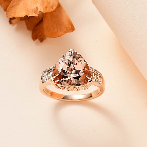 Luxoro 14K Rose Gold AAA Morganite And I2-I3 Natural Pink And White Diamond Ring 4.75 Grams 5.40 Ctw