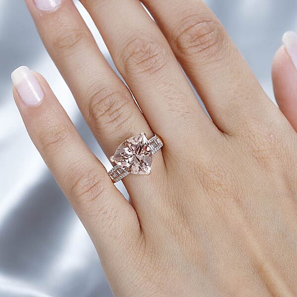 Luxoro 14K Rose Gold AAA Morganite And I2-I3 Natural Pink And White Diamond Ring 4.75 Grams 5.40 Ctw