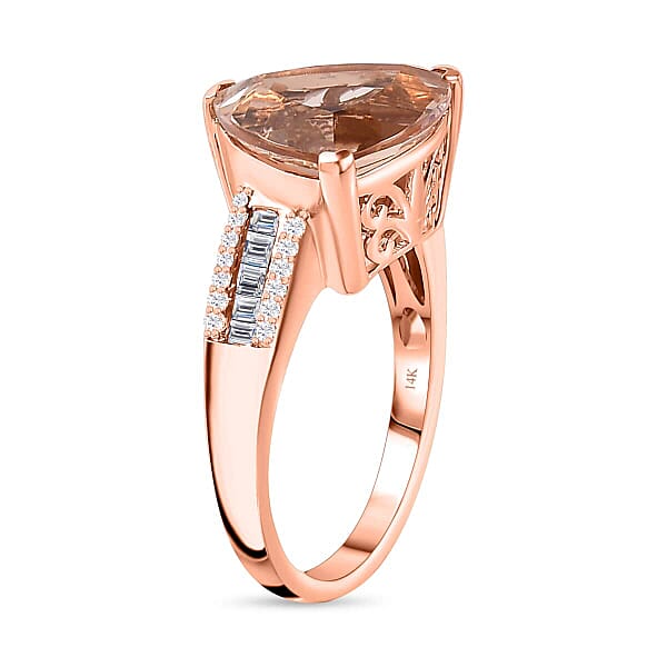 Luxoro 14K Rose Gold AAA Morganite And I2-I3 Natural Pink And White Diamond Ring 4.75 Grams 5.40 Ctw