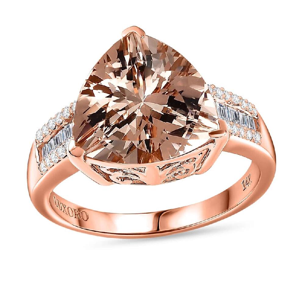 Luxoro 14K Rose Gold AAA Morganite and I2-I3 Natural Pink and White Diamond Ring 4.75 Grams 5.40 ctw