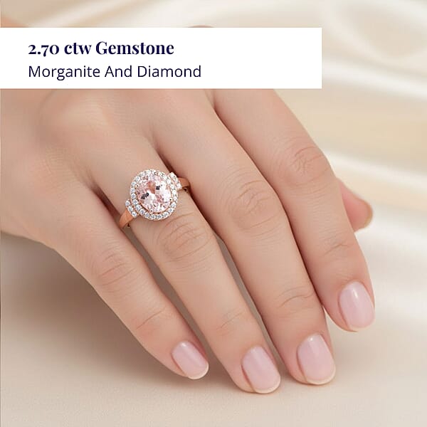 Luxoro 14K Rose Gold AAA Palmeiras Pink Morganite And G-H I2 Diamond Halo Ring 2.70 Ctw
