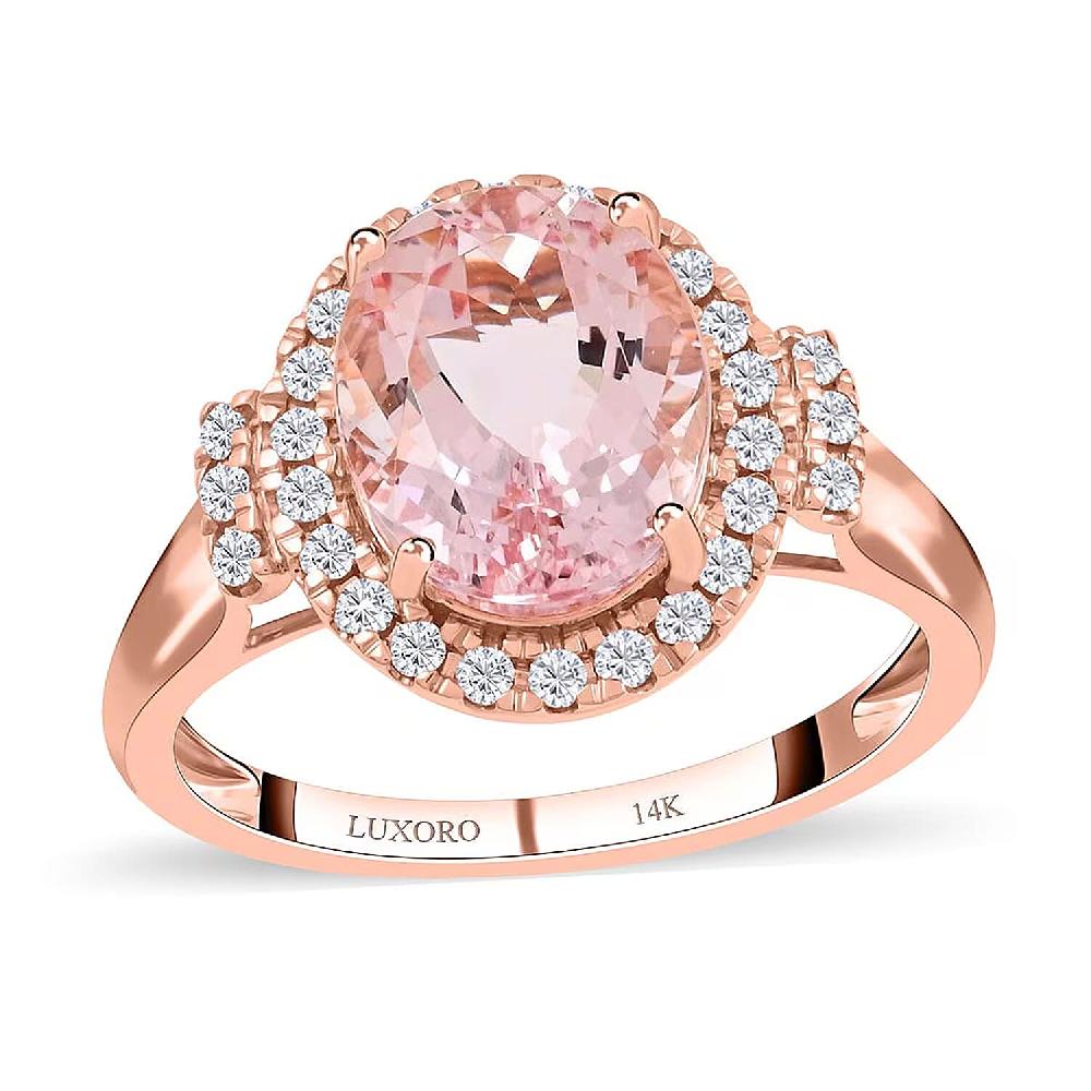Luxoro 14K Rose Gold AAA Palmeiras Pink Morganite and G-H I2 Diamond Halo Ring 2.70 ctw