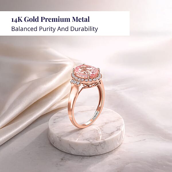 Luxoro 14K Rose Gold AAA Palmeiras Pink Morganite And G-H I2 Diamond Halo Ring 2.70 Ctw