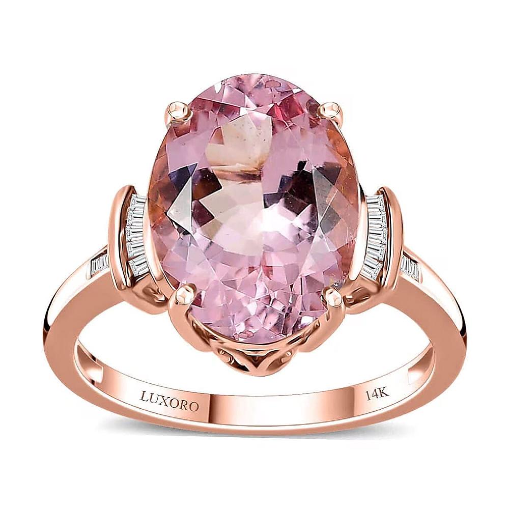 Luxoro 14K Rose Gold AAA Pink Morganite and G-H I2 Diamond Ring 5.80 ctw