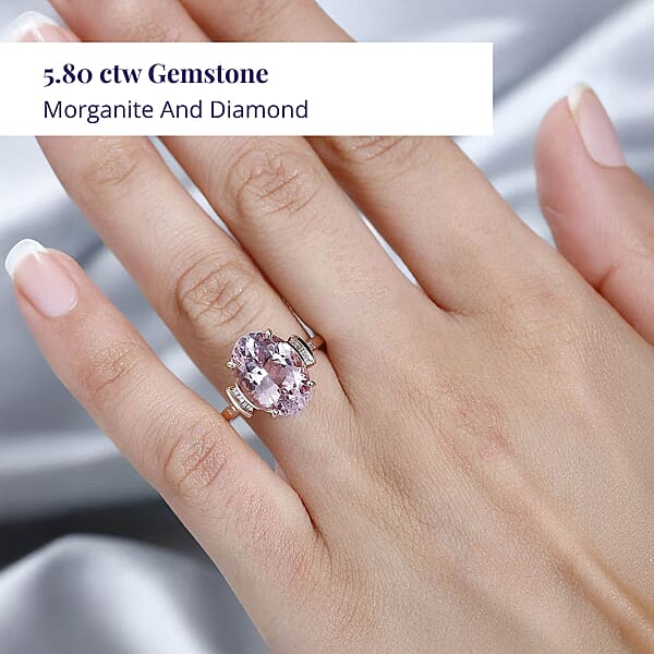 Luxoro 14K Rose Gold AAA Pink Morganite And G-H I2 Diamond Ring 5.80 Ctw