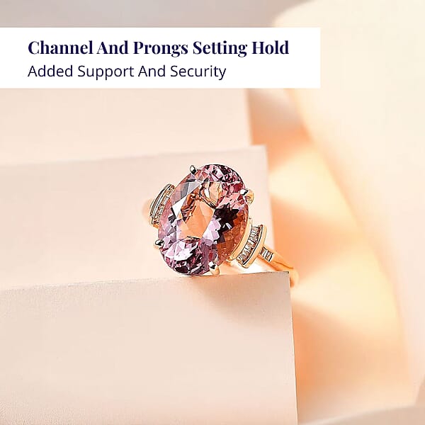 Luxoro 14K Rose Gold AAA Pink Morganite And G-H I2 Diamond Ring 5.80 Ctw