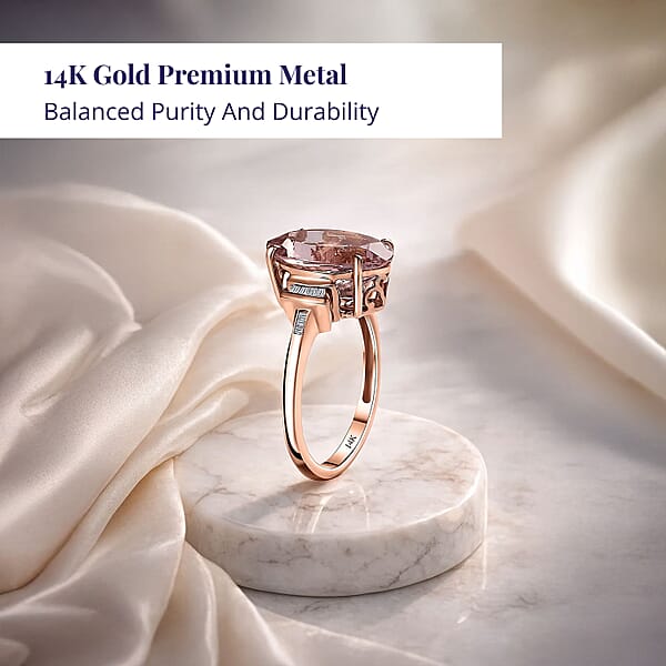 Luxoro 14K Rose Gold AAA Pink Morganite And G-H I2 Diamond Ring 5.80 Ctw