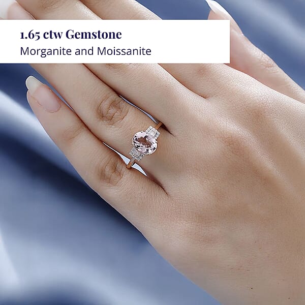 Luxoro 14K Rose Gold AAA Pink Morganite And Moissanite Ring 1.65 Ctw