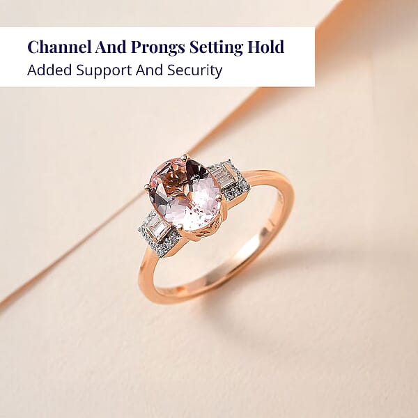 Luxoro 14K Rose Gold AAA Pink Morganite And Moissanite Ring 1.65 Ctw