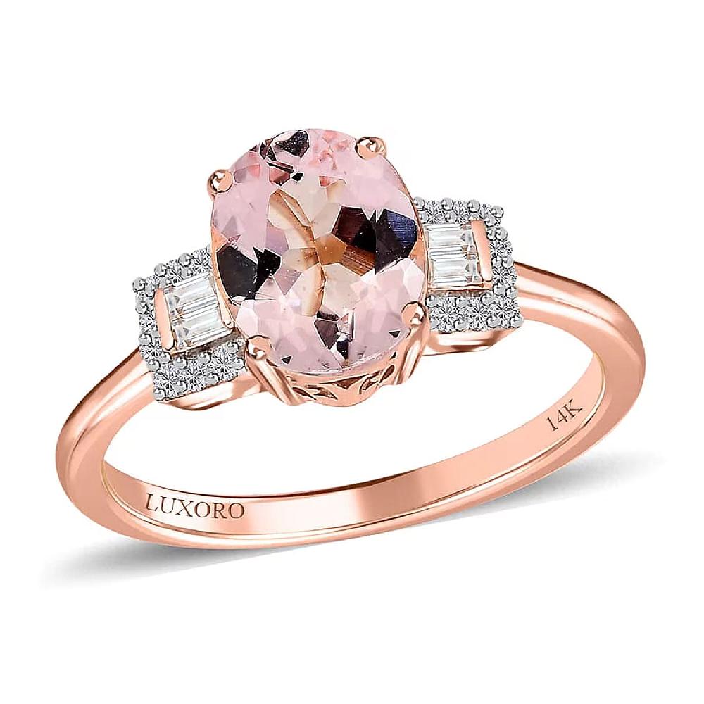 Luxoro 14K Rose Gold AAA Pink Morganite and Moissanite Ring 1.65 ctw