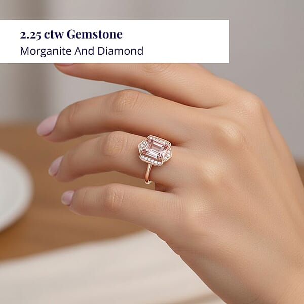 Luxoro 14K Rose Gold AAA Pink Morganite Diamond (I2) (0.18 Cts) Ring 2.25 Ctw