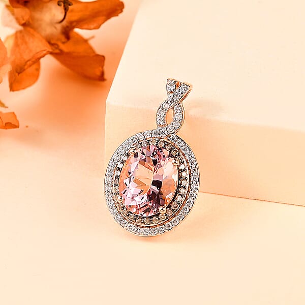 Luxoro 14K Rose Gold AAA Pink Morganite Natural Champagne And White Diamond I2 Pendant Without Chain 3.15 Ctw