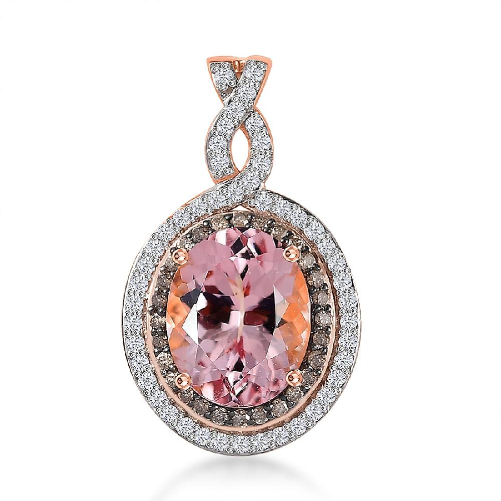 Luxoro 14K Rose Gold AAA Pink Morganite Natural Champagne and White Diamond I2 Pendant without Chain 3.15 ctw