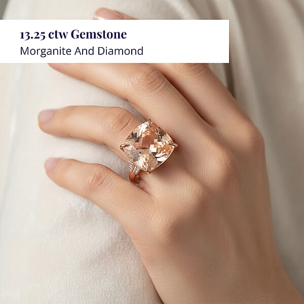 Luxoro 14K Rose Gold AAAA Marropino Morganite And G-H I2 Diamond Ring 4.65 Grams 13.25 Ctw