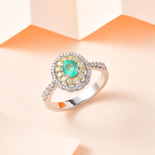 Luxoro 14K White Gold AAA Boyaca Colombian Emerald I2 Natural Yellow And White Diamond Double Halo Ring 1.15 Ctw