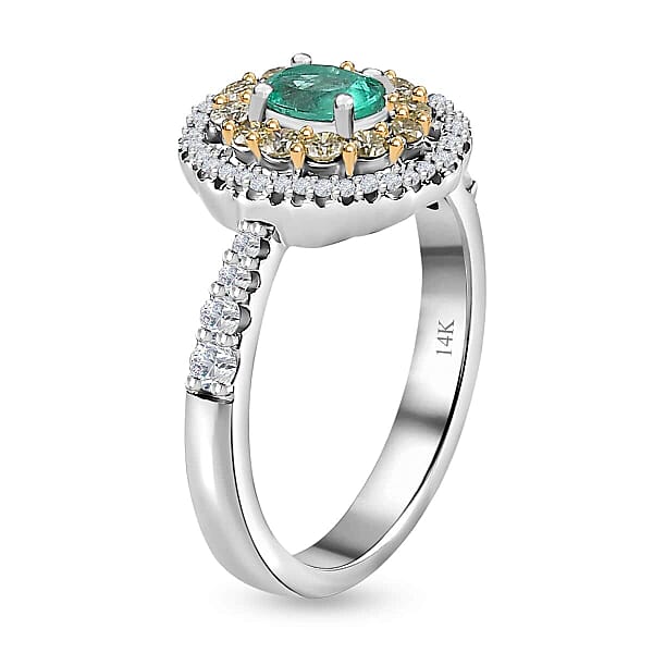 Luxoro 14K White Gold AAA Boyaca Colombian Emerald I2 Natural Yellow And White Diamond Double Halo Ring 1.15 Ctw