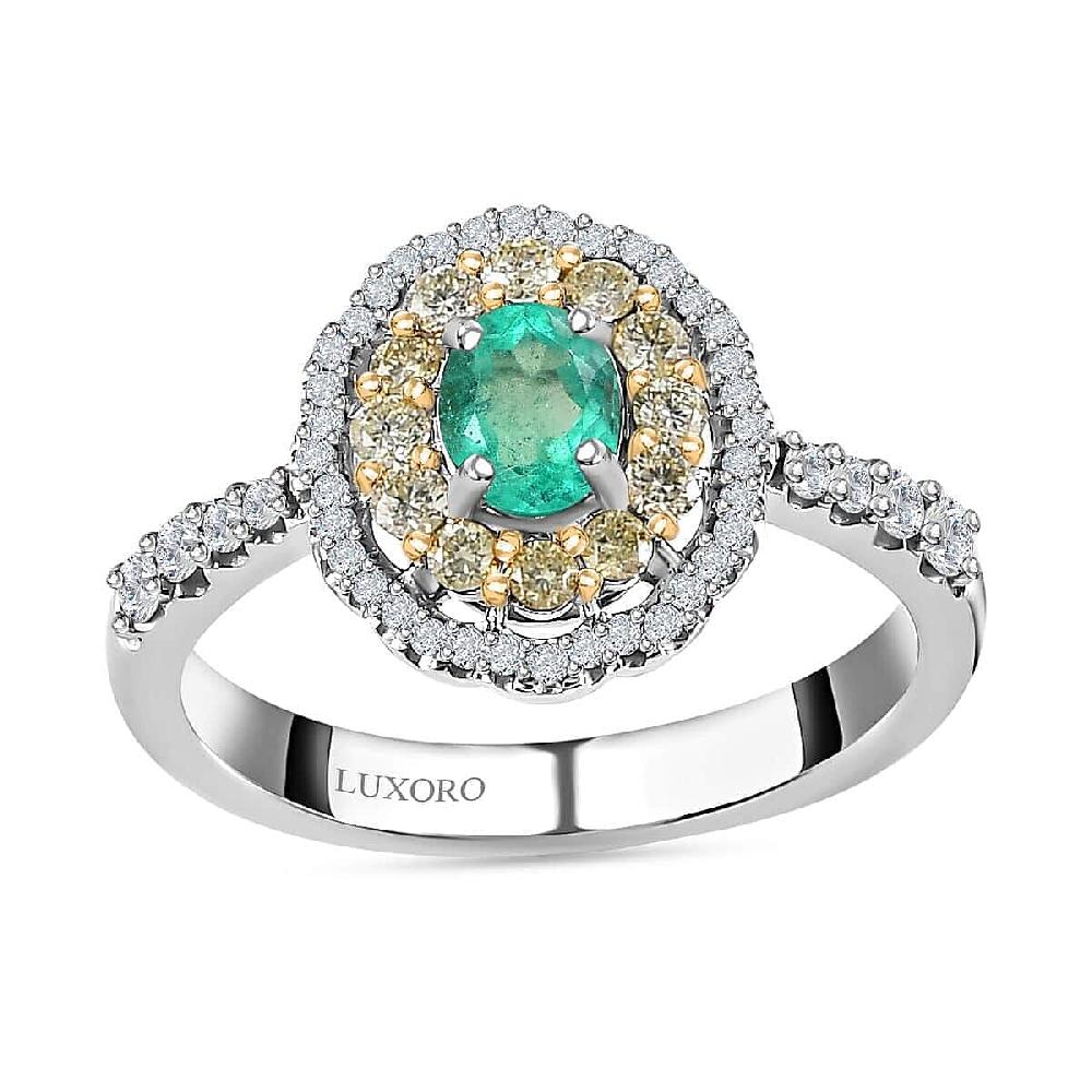 Luxoro 14K White Gold AAA Boyaca Colombian Emerald I2 Natural Yellow and White Diamond Double Halo Ring 1.15 ctw