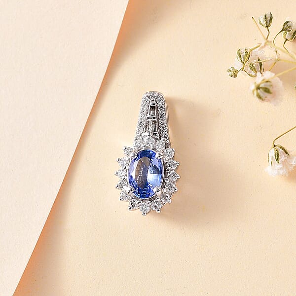 Luxoro 14K White Gold AAA Ceylon Blue Sapphire And G-H I2 Diamond Sunburst Pendant Without Chain 1.25 Ctw