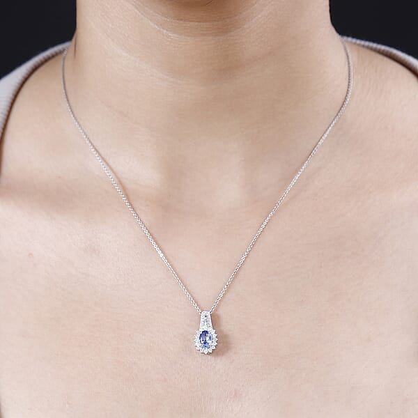 Luxoro 14K White Gold AAA Ceylon Blue Sapphire And G-H I2 Diamond Sunburst Pendant Without Chain 1.25 Ctw