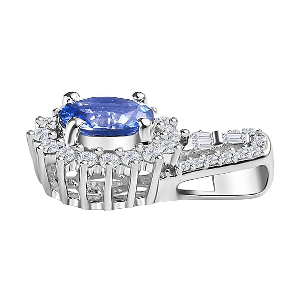Luxoro 14K White Gold AAA Ceylon Blue Sapphire And G-H I2 Diamond Sunburst Pendant Without Chain 1.25 Ctw