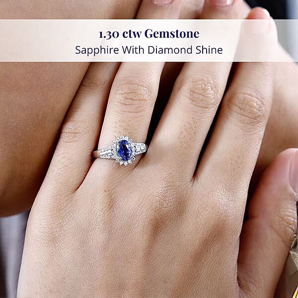 Luxoro 14K White Gold AAA Ceylon Blue Sapphire And G-H I2 Diamond Sunburst Ring 1.30 Ctw